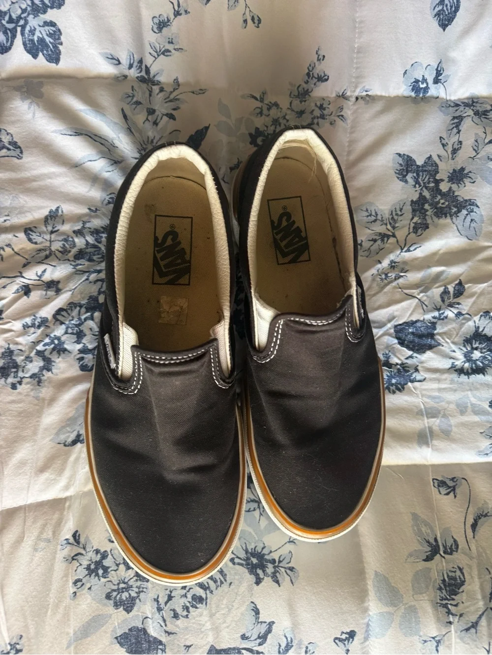 Vans Black and Tan Platform Slip-On Sneakers